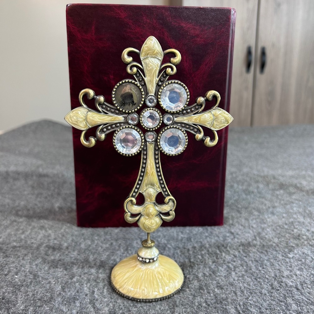 VTG Ornate Enamel and Crystal Standing Cross Bronze/Alloy Fleur De Lis Crucifix